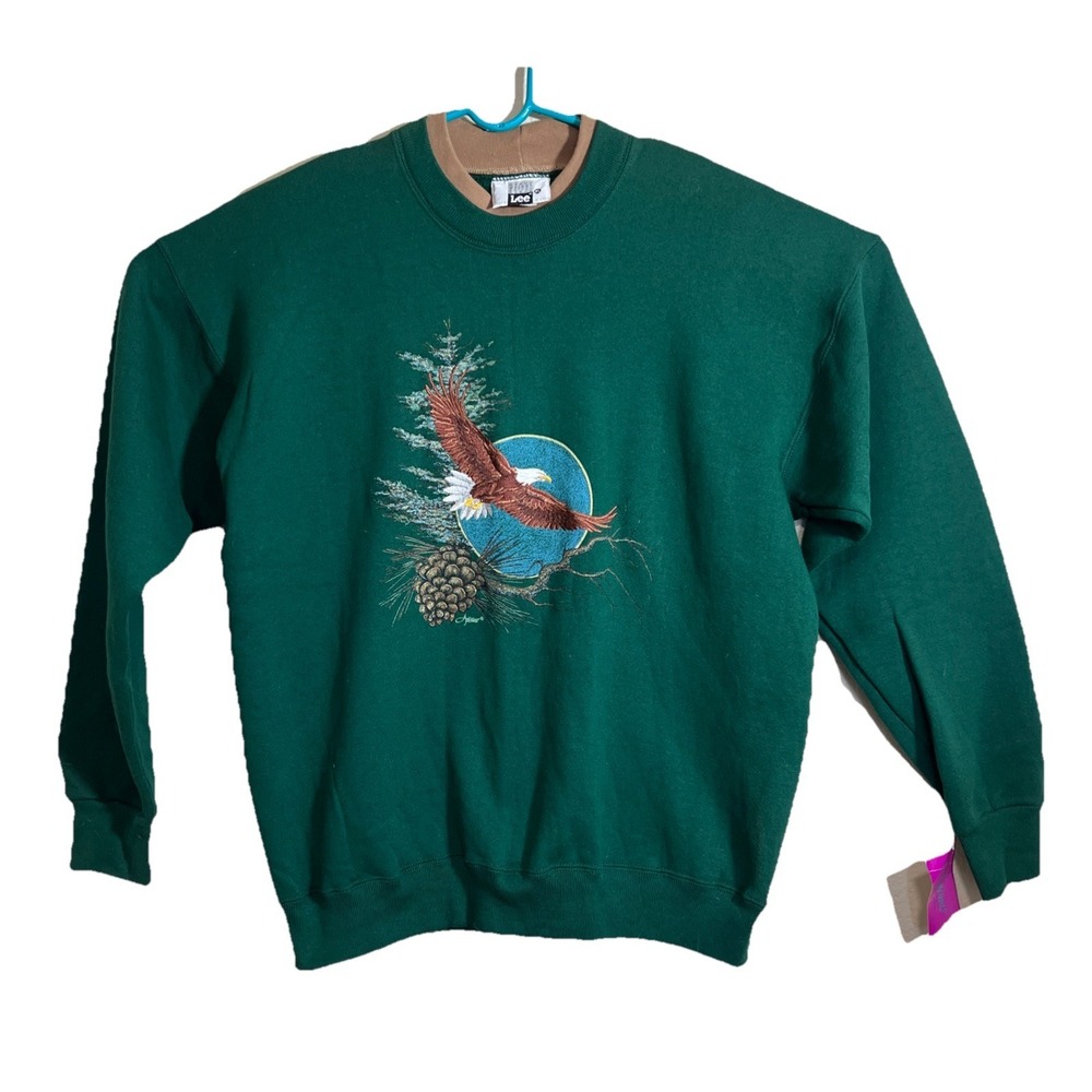 Vintage Embroidered Bald Eagle Sweatshirt by Lee XL Green Double Collar NWT